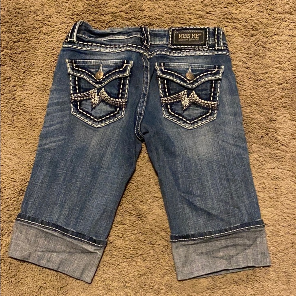 Miss Me Dark Blue Denim Bermuda Shorts with Embellished Back Pockets